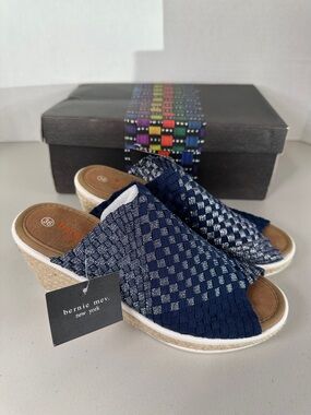 bernie mev. Navy and Silver Woven Wedge Sandals